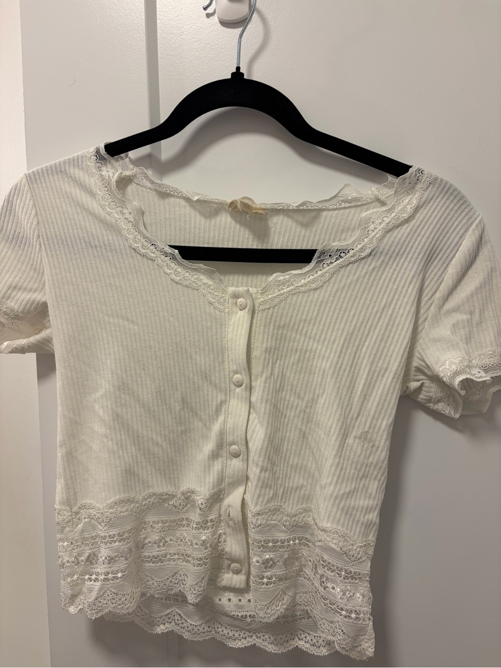 Caution To The Wind Cream Ribbed Lace-Trim Button Front Crop Top